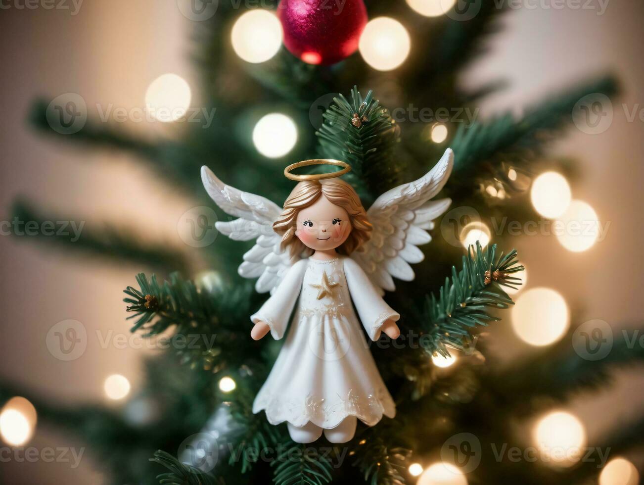 A Christmas Tree With A Small Angel Fig. AI Generated photo