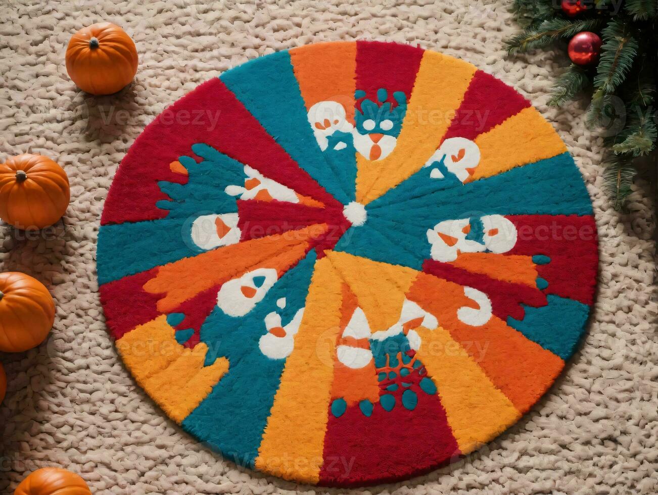A Colorful Rug With A Pattern Of Birds And Pumpkins. AI Generated photo