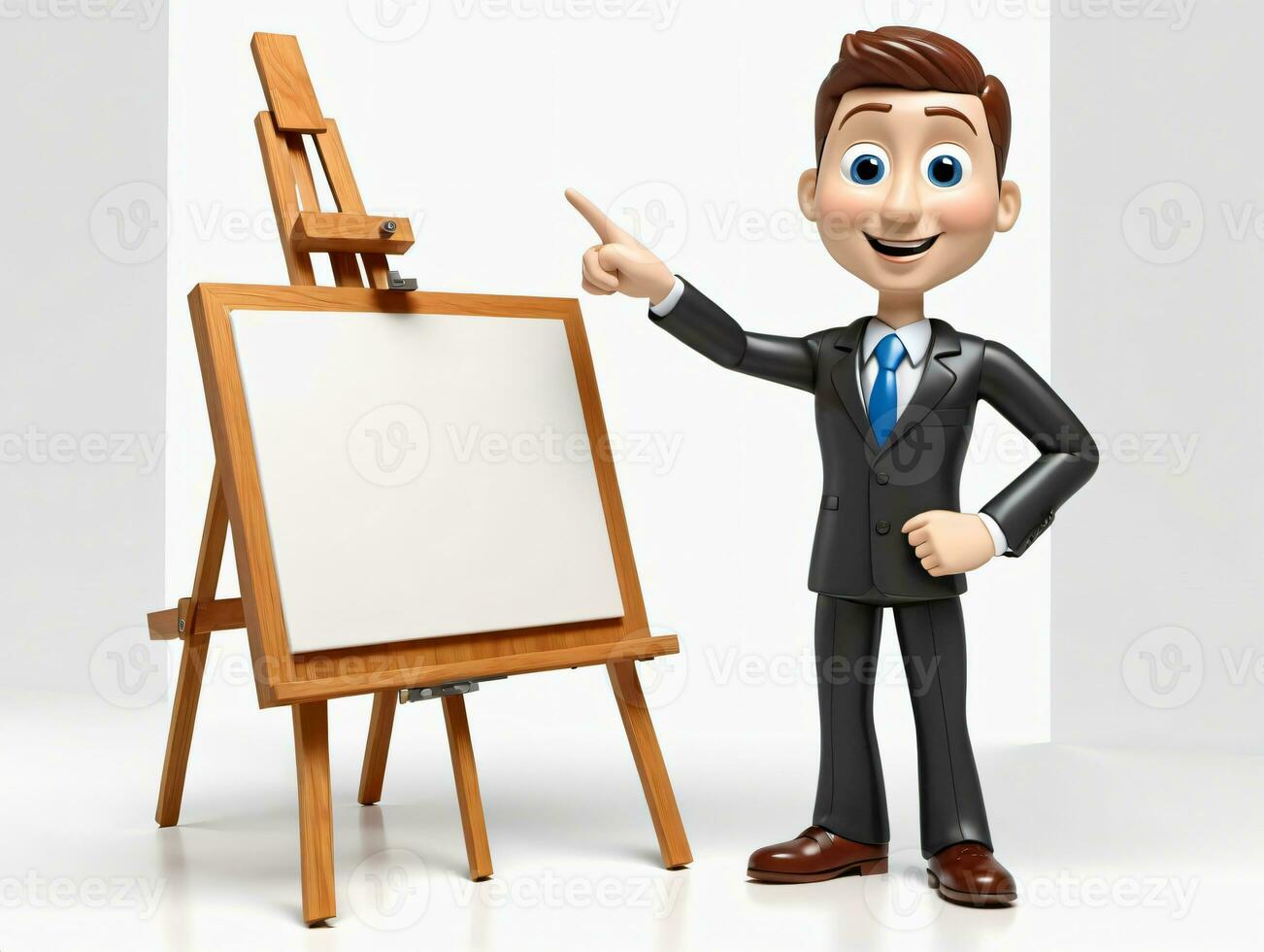 A 3D Man In A Suit Pointing At A Whiteboard. AI Generated photo