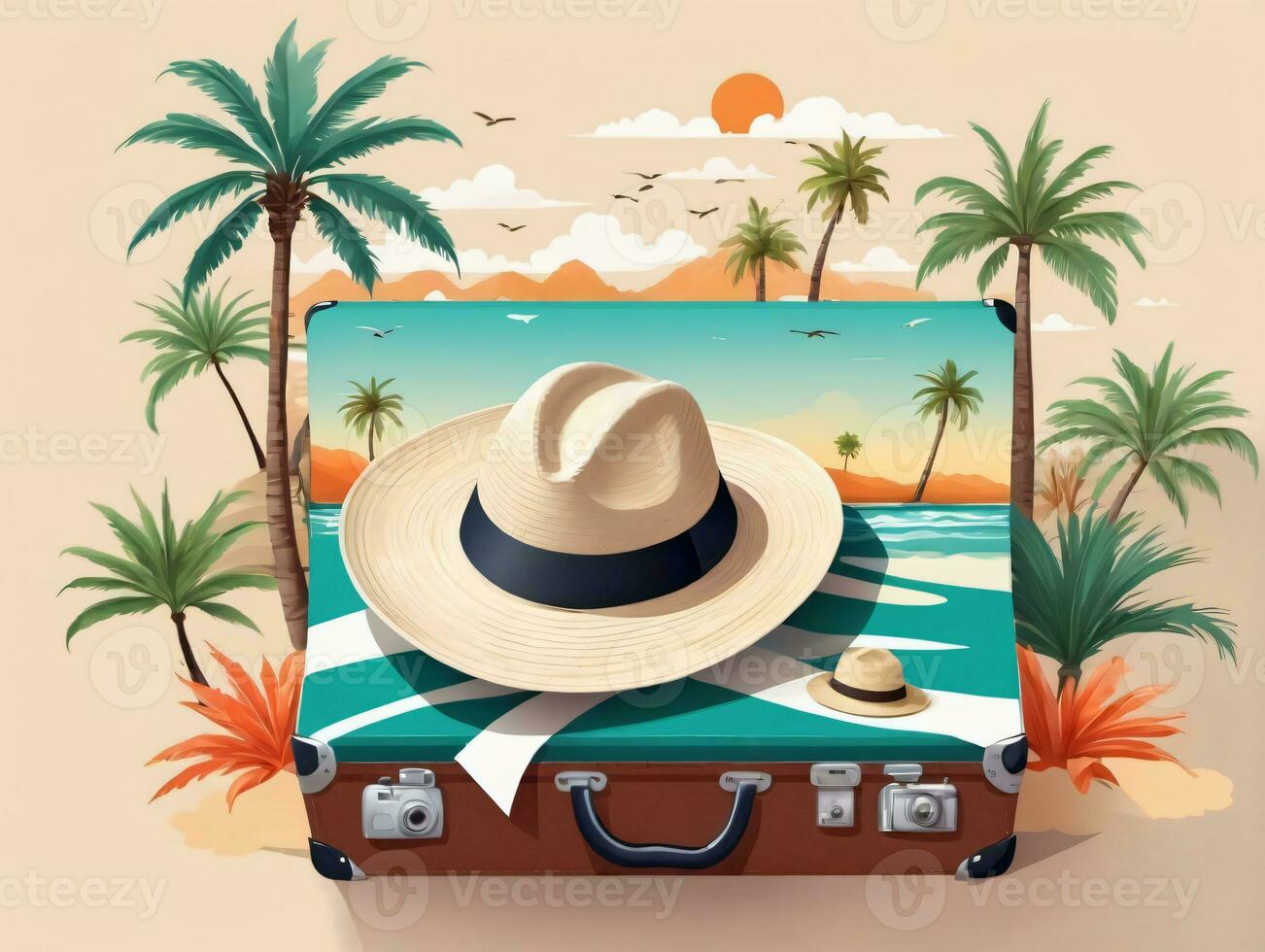 A Suitcase With A Hat And Palm Trees. AI Generated photo