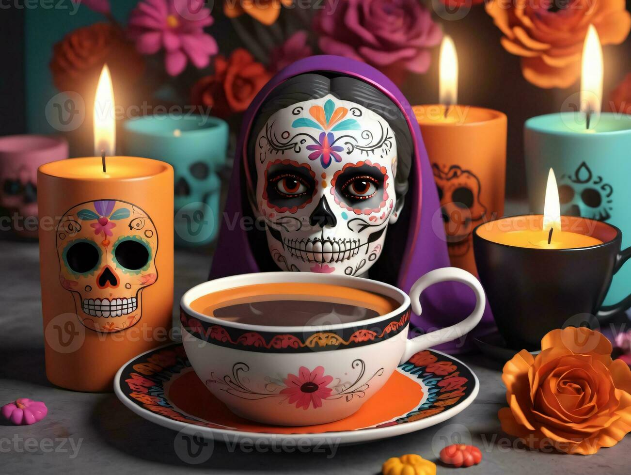 A Cup Of Tea With A Sugar Skull On It. AI Generated photo