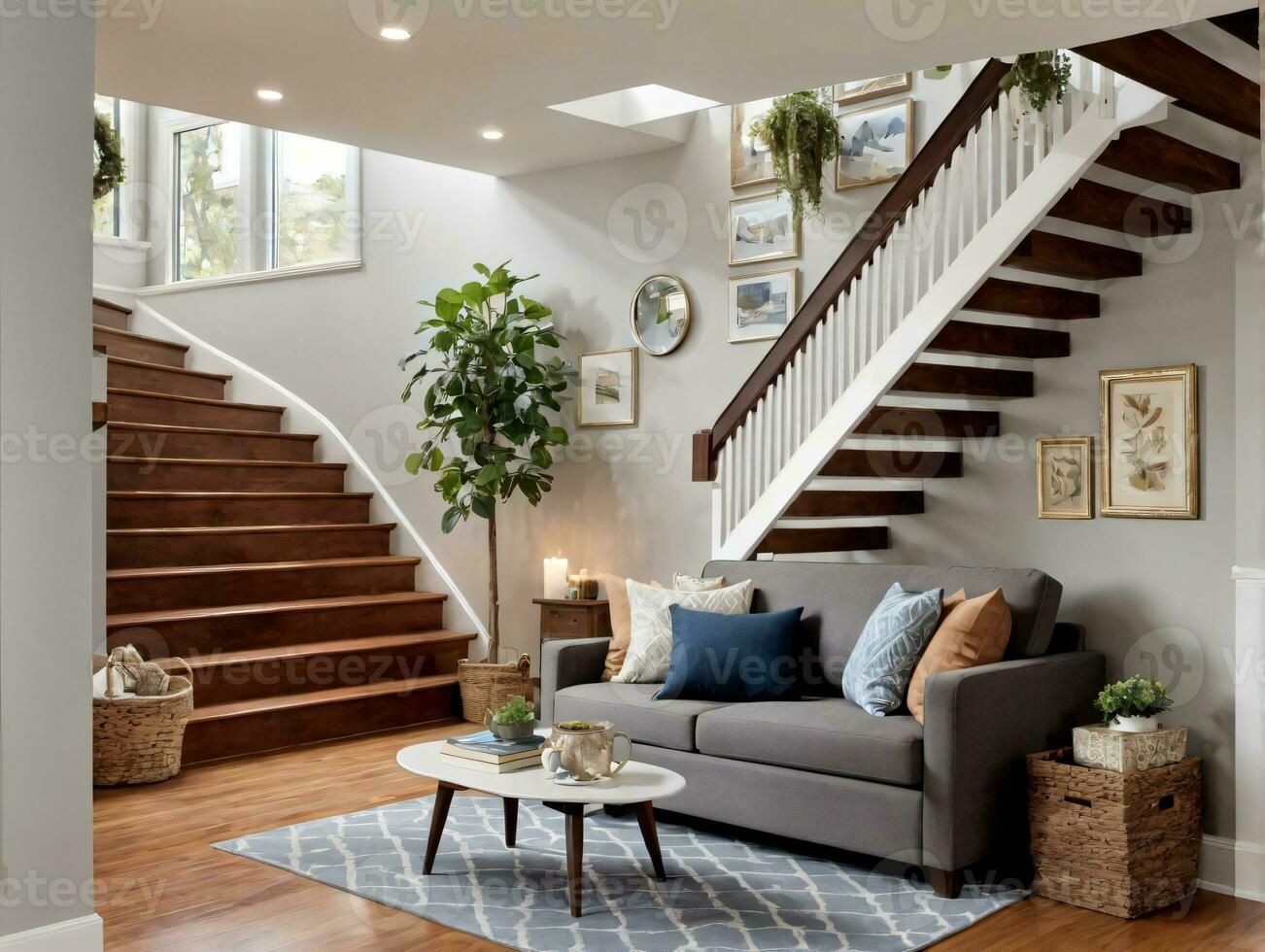 A Living Room With A Gray Couch And A White Staircase. AI Generated photo