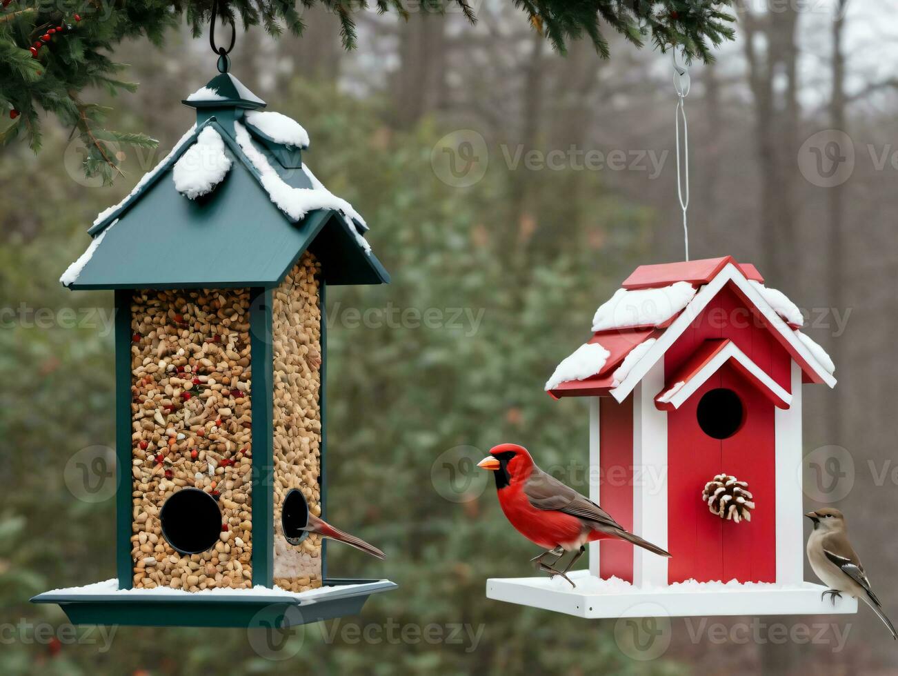 Two Birds Are Perched On A Bird Feeder. AI Generated photo