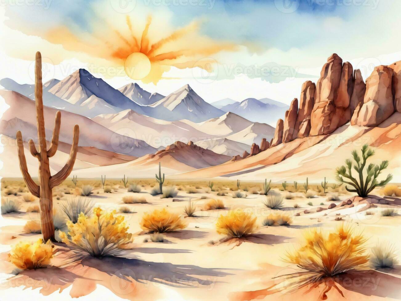 Desert Landscape With Cactus And Mountains. AI Generated photo