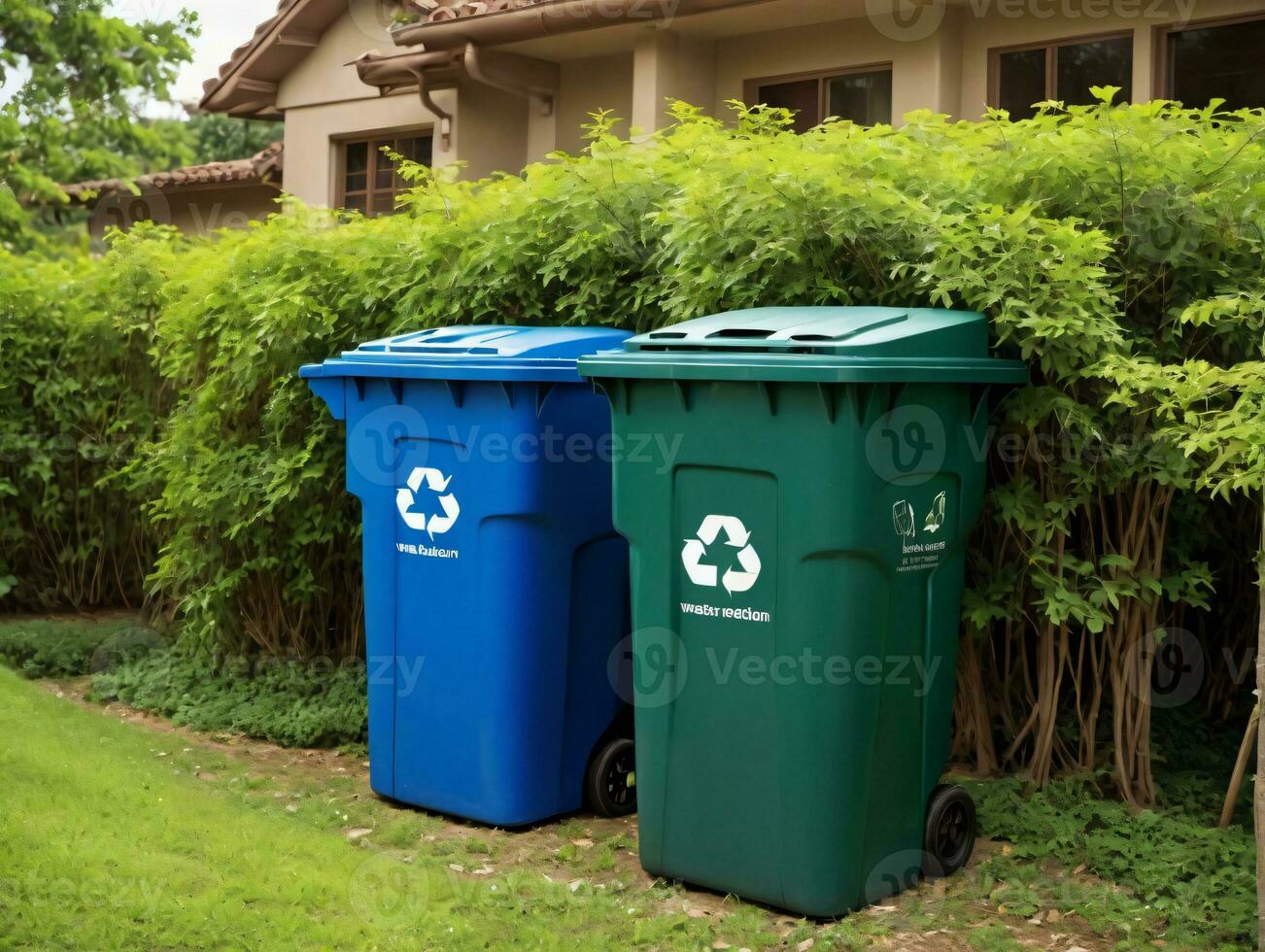 Two Blue Trash Bins. AI Generated photo