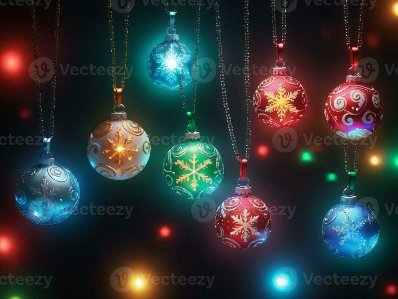 Christmas Balls Hanging On A String With Lights. AI Generated photo