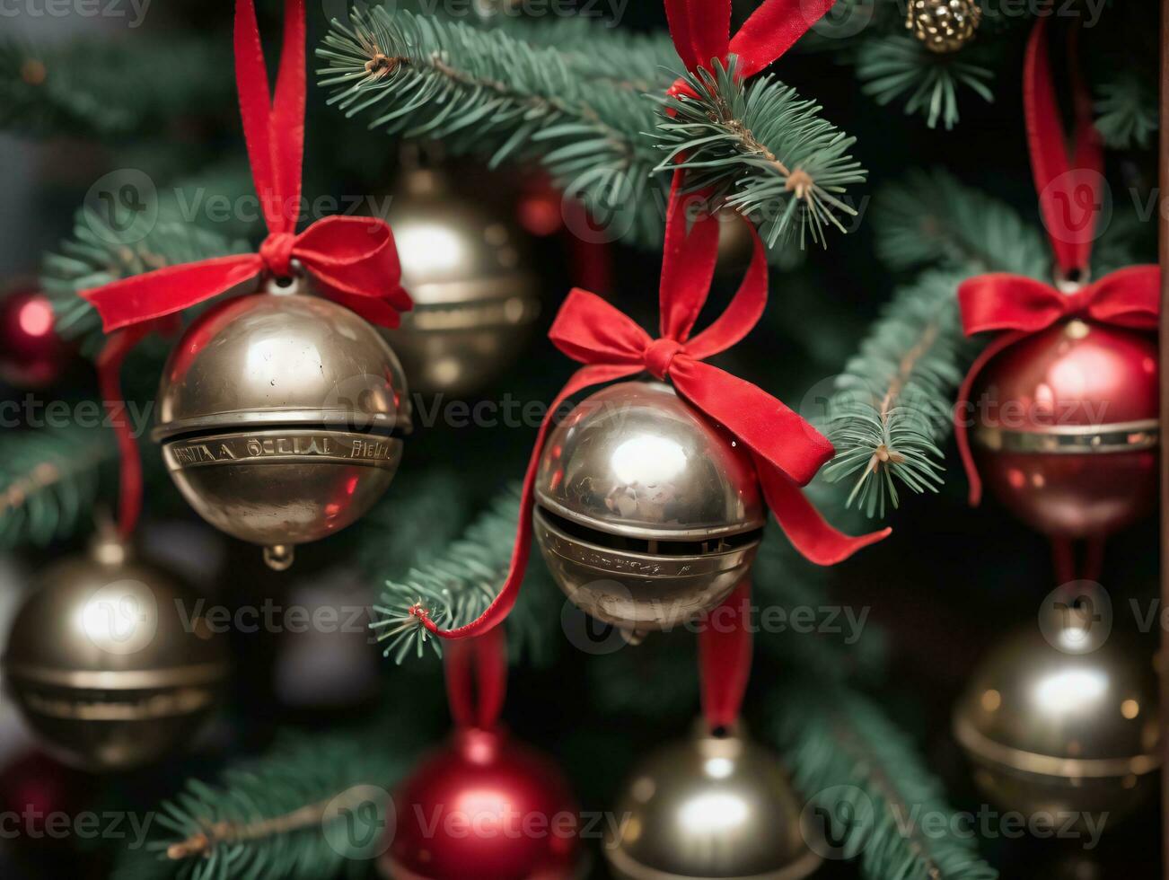 A Christmas Tree With Bells And Red Bows. AI Generated photo