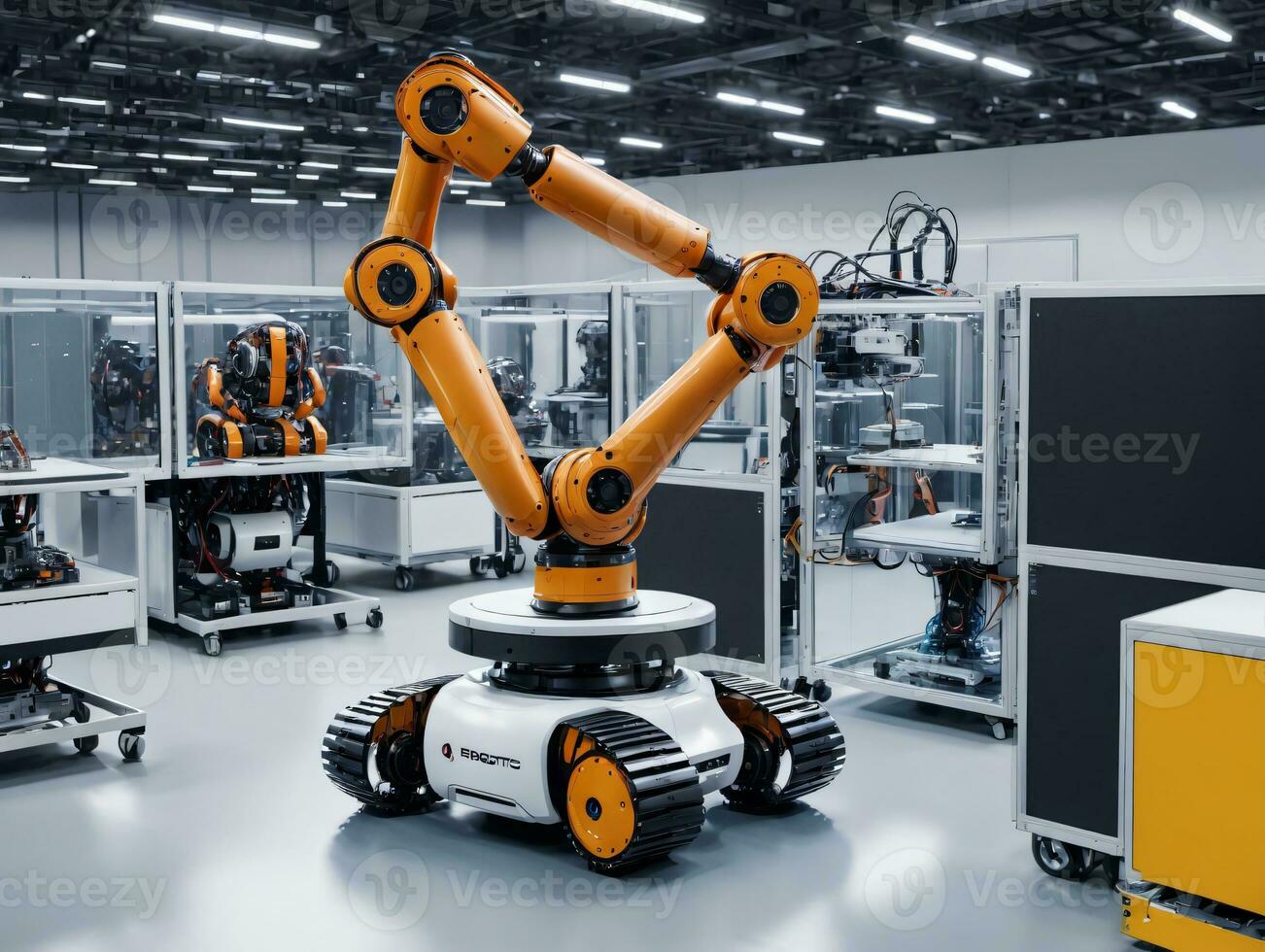 Robotic Arms In A Factory. AI Generated photo