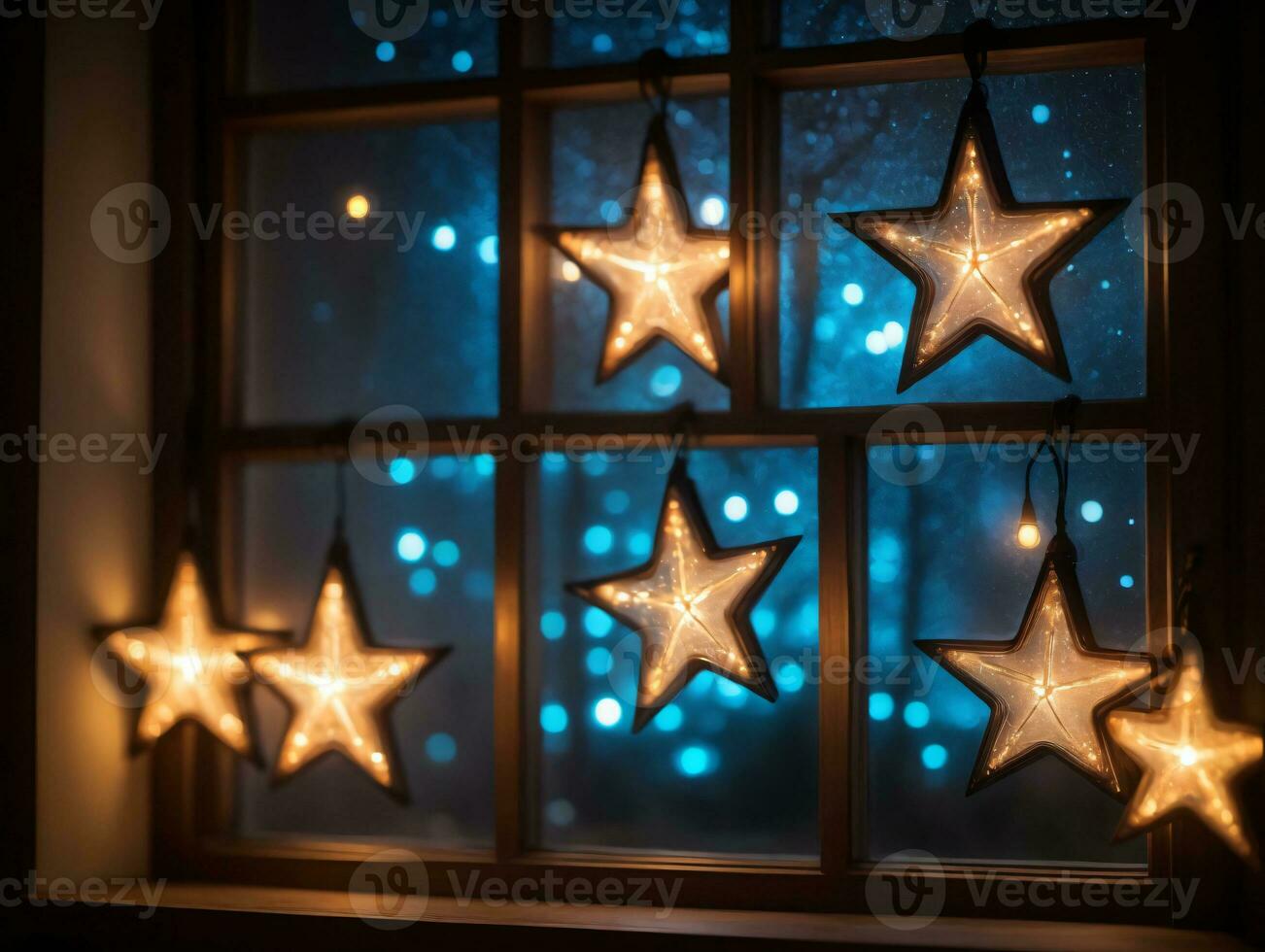 un ventana con un manojo de estrellas colgando desde él. ai generado foto