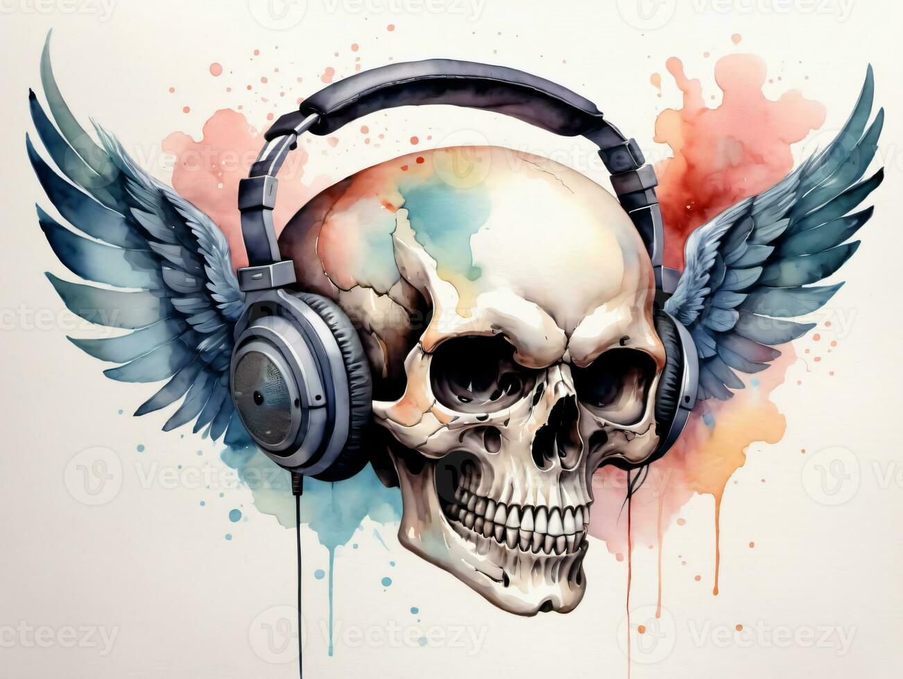 Skull With Headphones And Wings. AI Generated photo