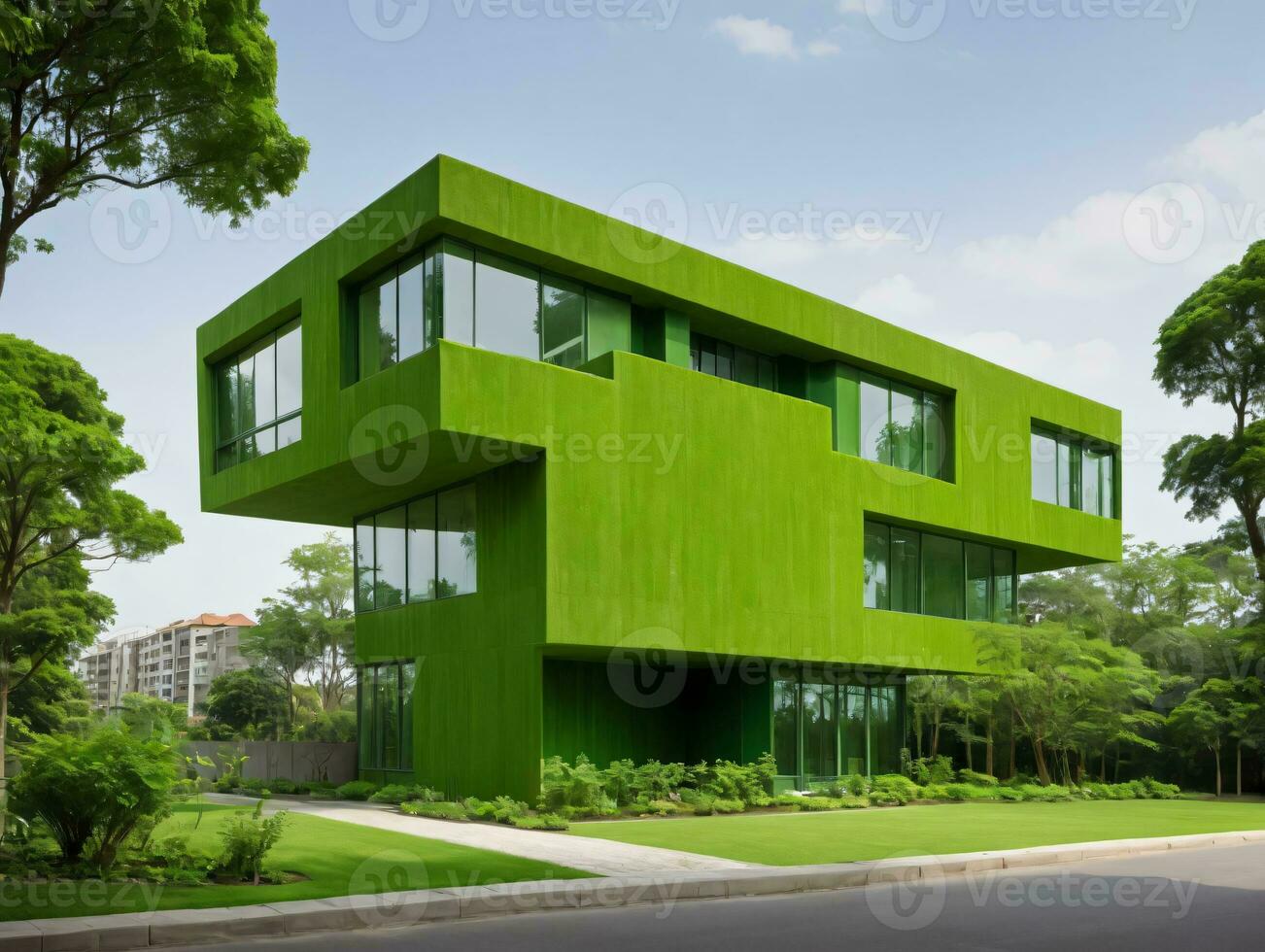 A Green Building With A Lot Of Windows. AI Generated photo