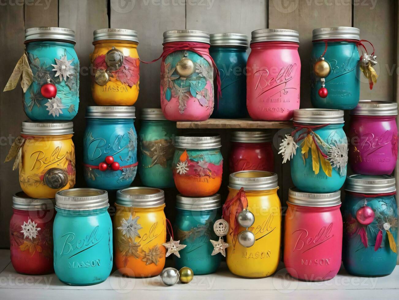 A Bunch Of Colorful Painted Mason Jars. AI Generated photo