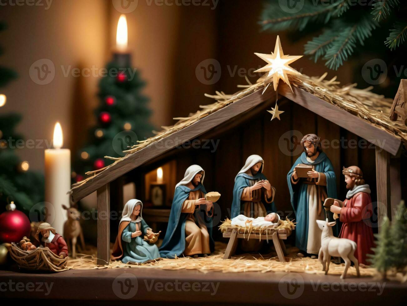 Nat Scene Of Three Wise Men And A Baby Jesus. AI Generated photo