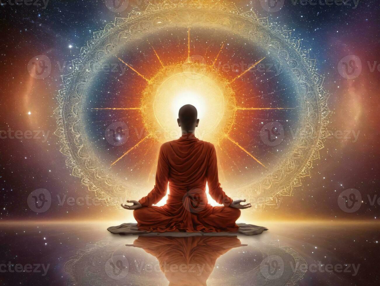 A Person Meditating In Meditation With A Bright Light. AI Generated photo