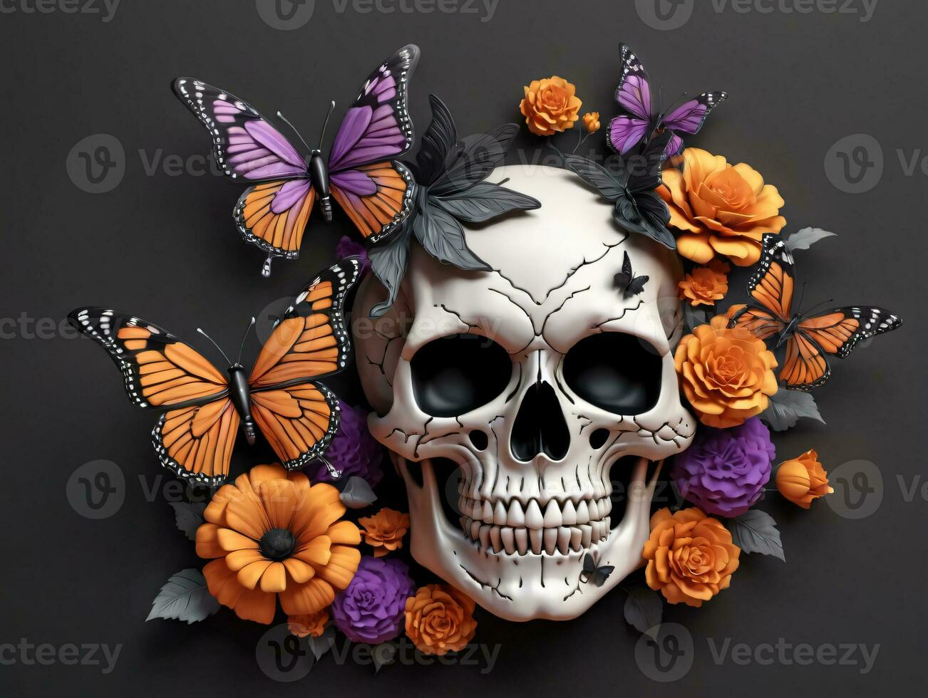 A Skull With Butterflies And Flowers. AI Generated photo