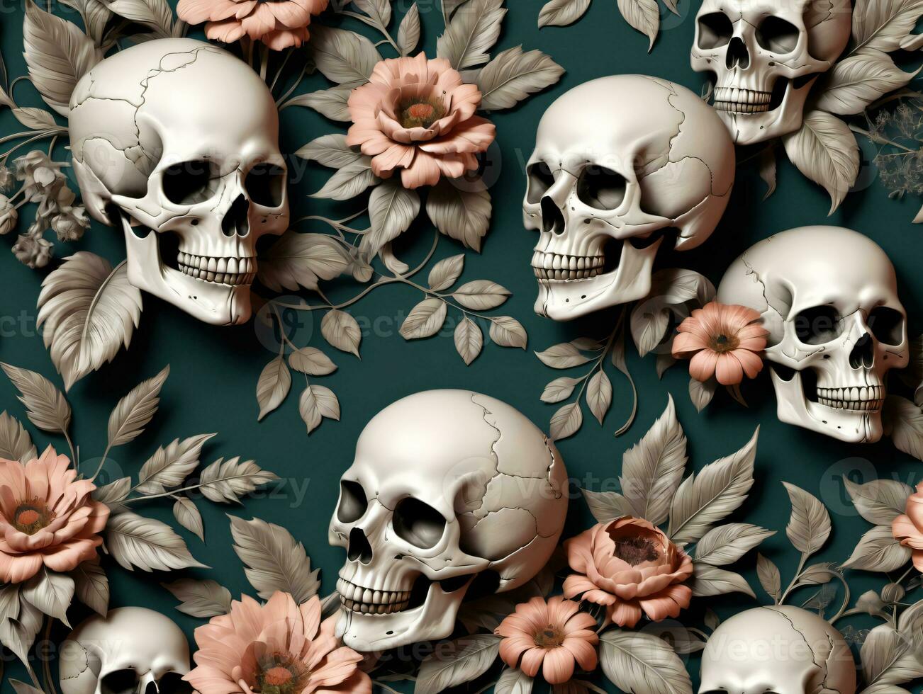 A Pattern With Skulls And Flowers. AI Generated photo