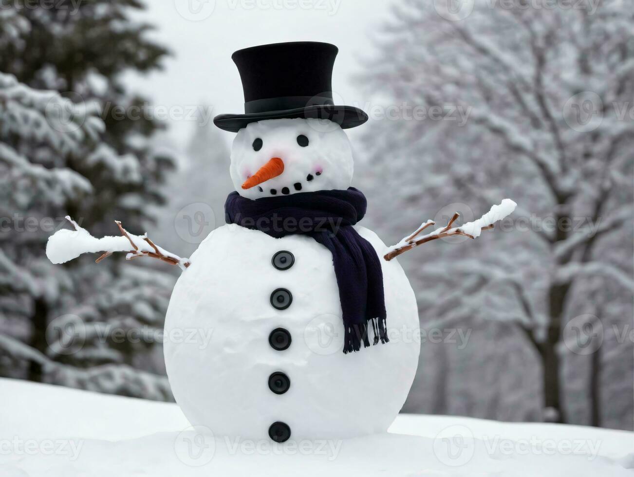 A Snowman With A Hat And Scarf On. AI Generated photo