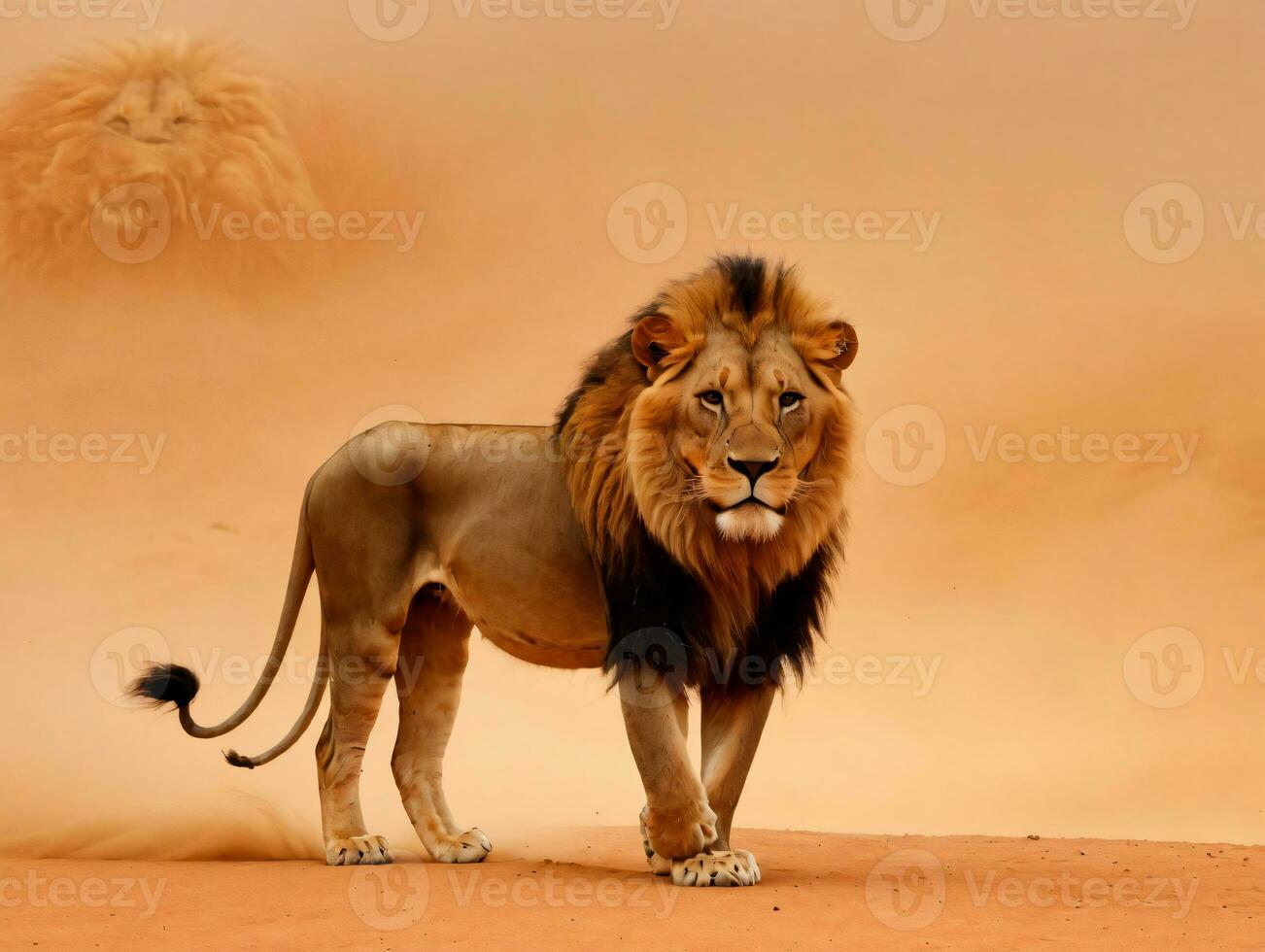 un león en pie en el desierto. ai generado foto