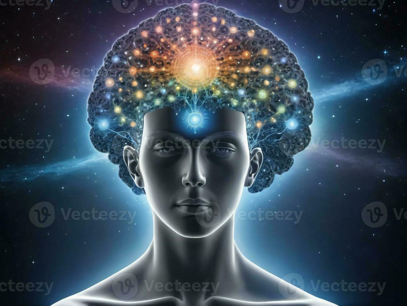A Woman With A Brain And A Light Shining On Her Head. AI Generated photo