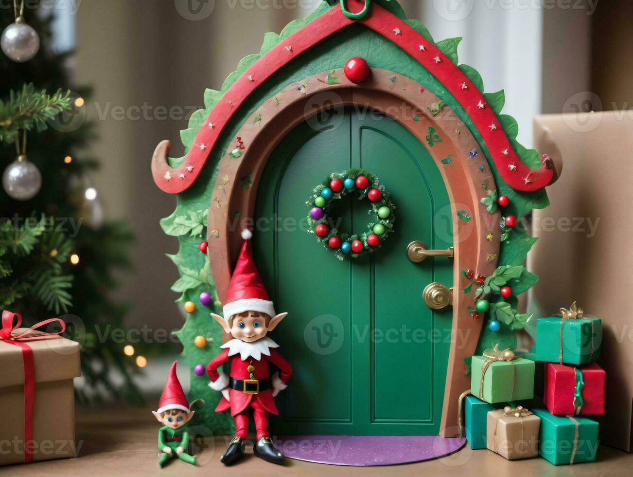 Elf At The Door. AI Generated photo