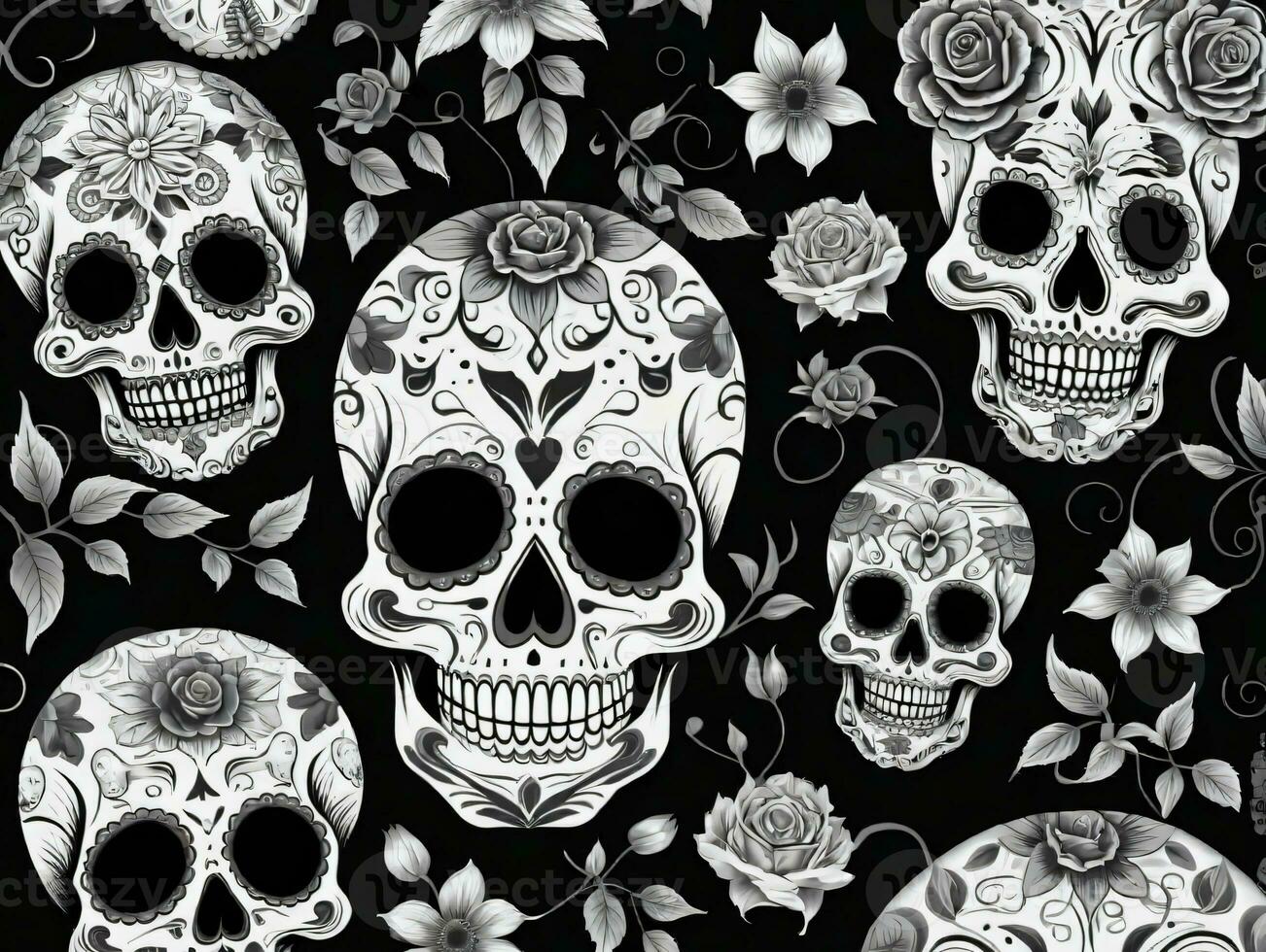 Seamless Sugar Skull Pattern Vector. AI Generated photo