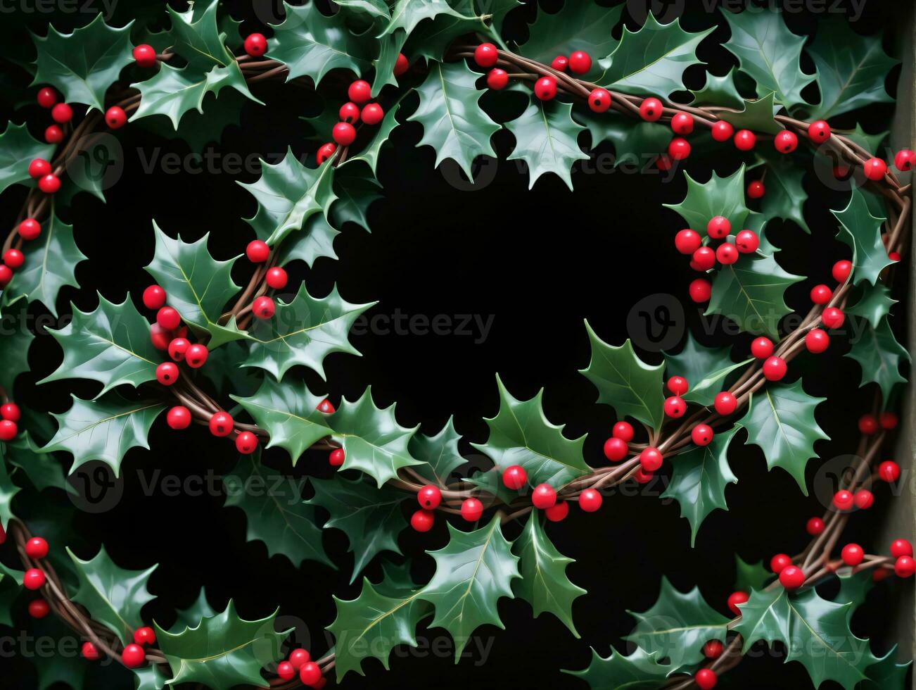 Holly Wreath With Red Berries And Green Leaves. AI Generated photo