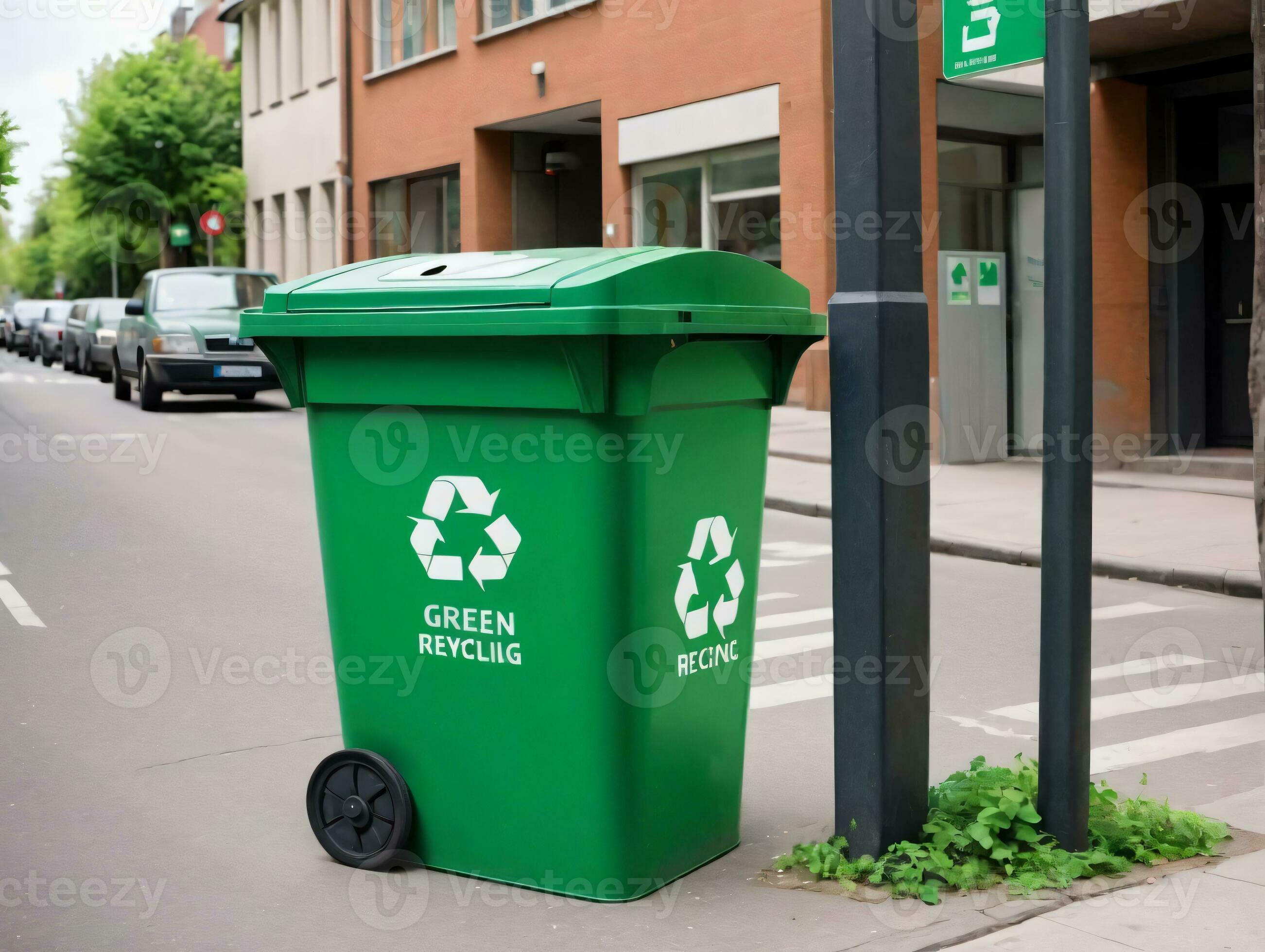 A Green Recycling Bin On The Side Of A Street. AI Generated 31222725