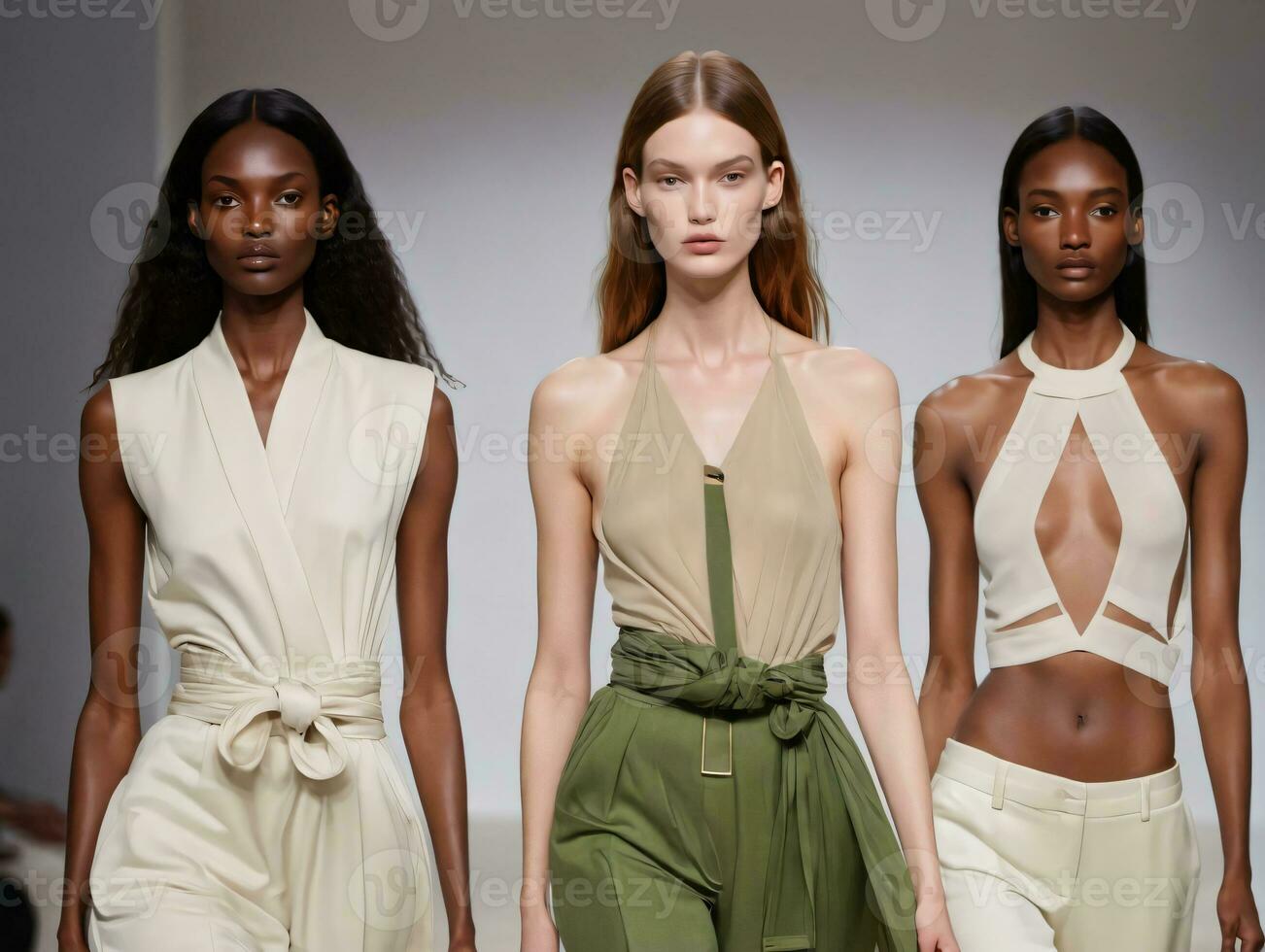 Three Models In White And Green Outfits. AI Generated photo