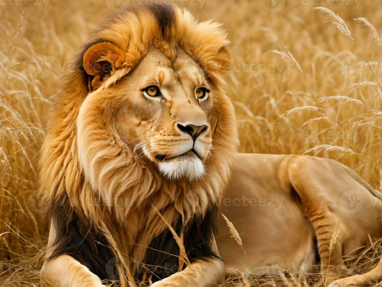 A Lion Laying In The Grass. AI Generated photo