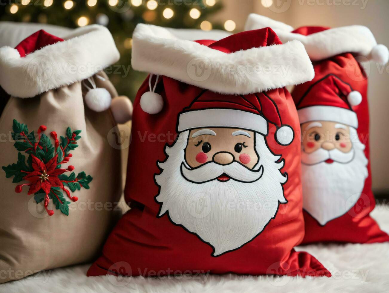 Tres Papa Noel claus bolsas. ai generado foto