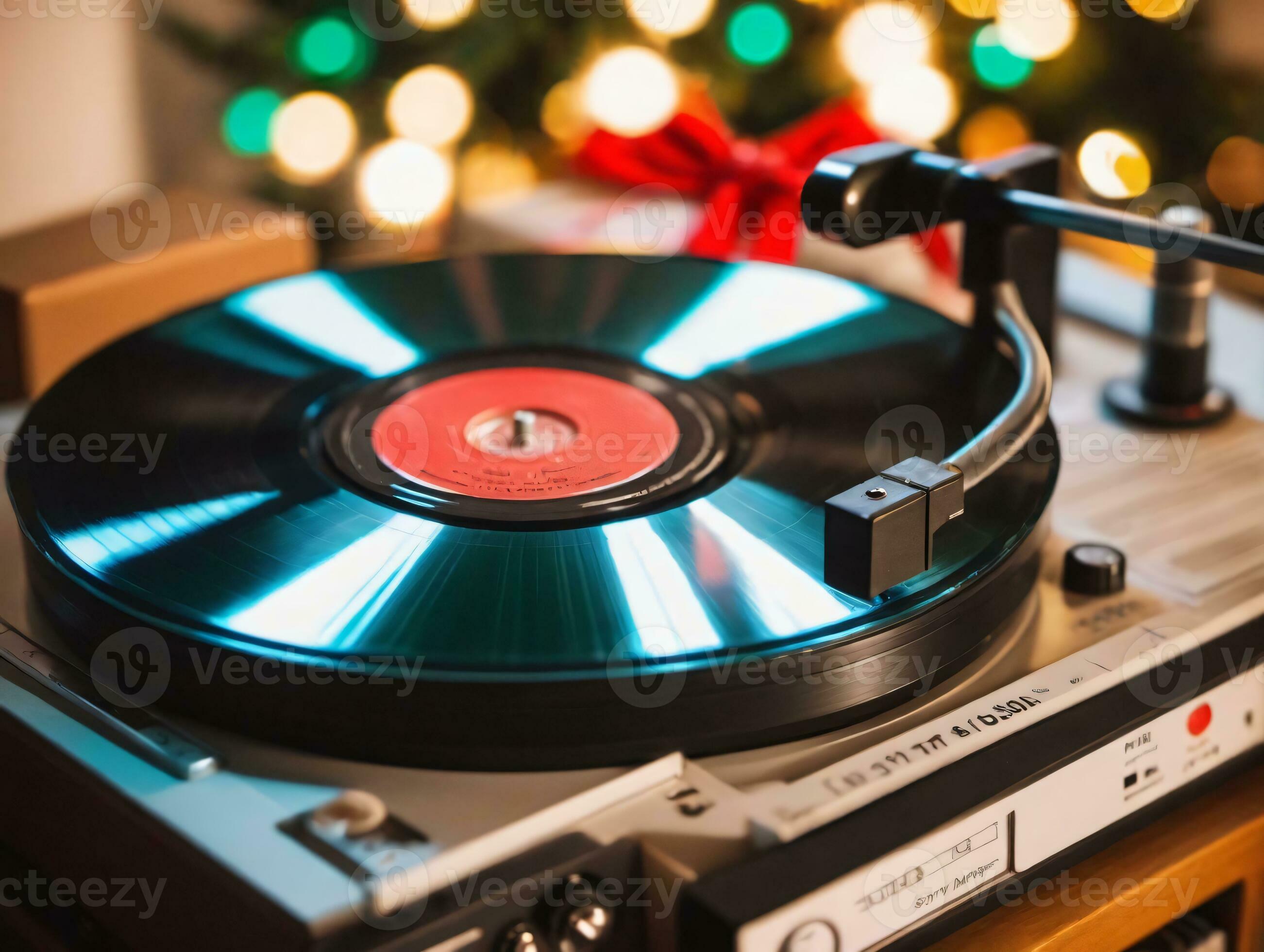 A Record PlayerS Turntable With A Christmas Tree In The Background. AI