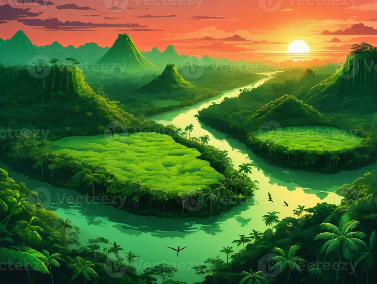 A Tropical Landscape With A River And Mountains. AI Generated photo