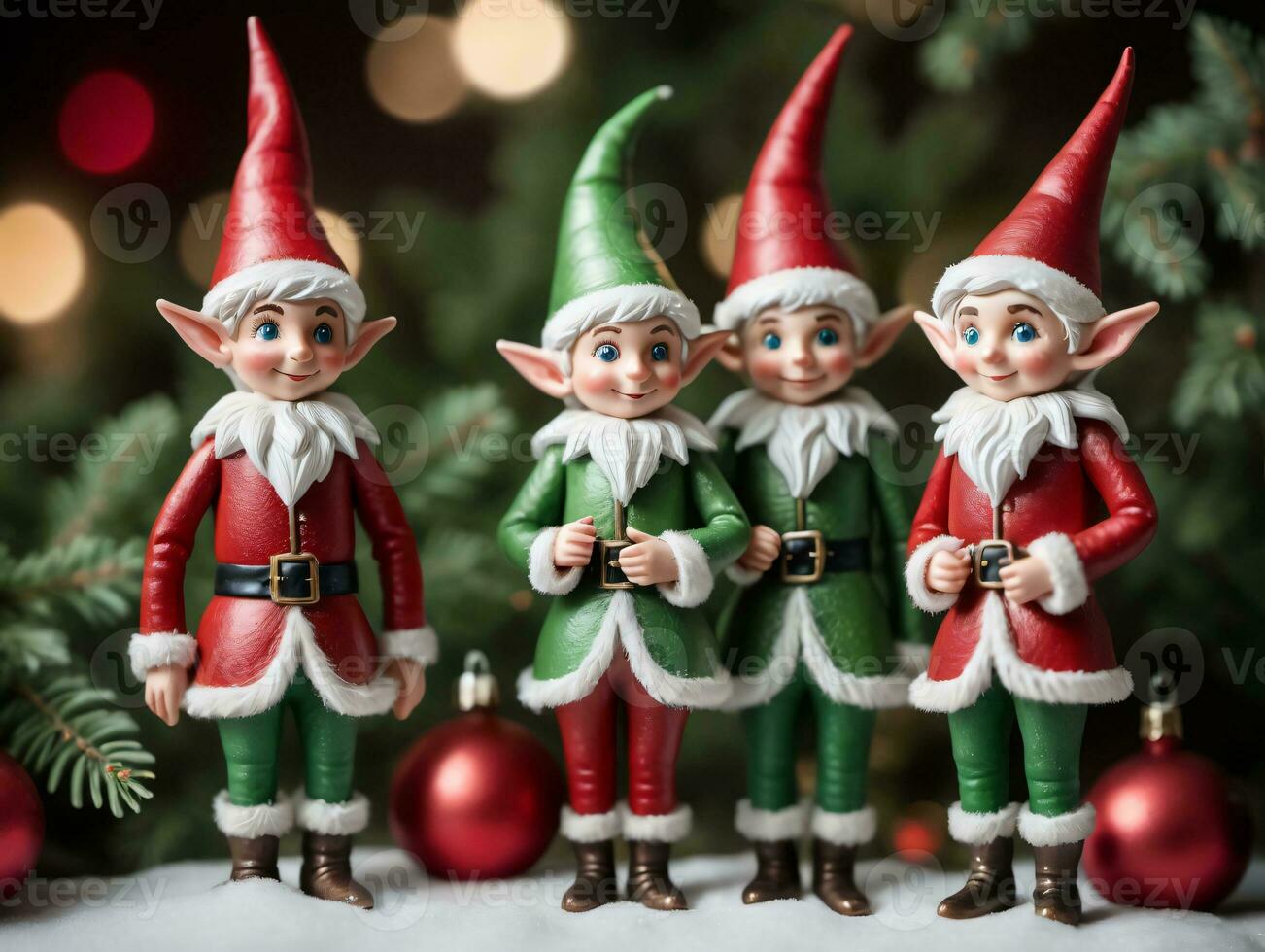 Three Elves Are Standing Next To A Christmas Tree. AI Generated photo