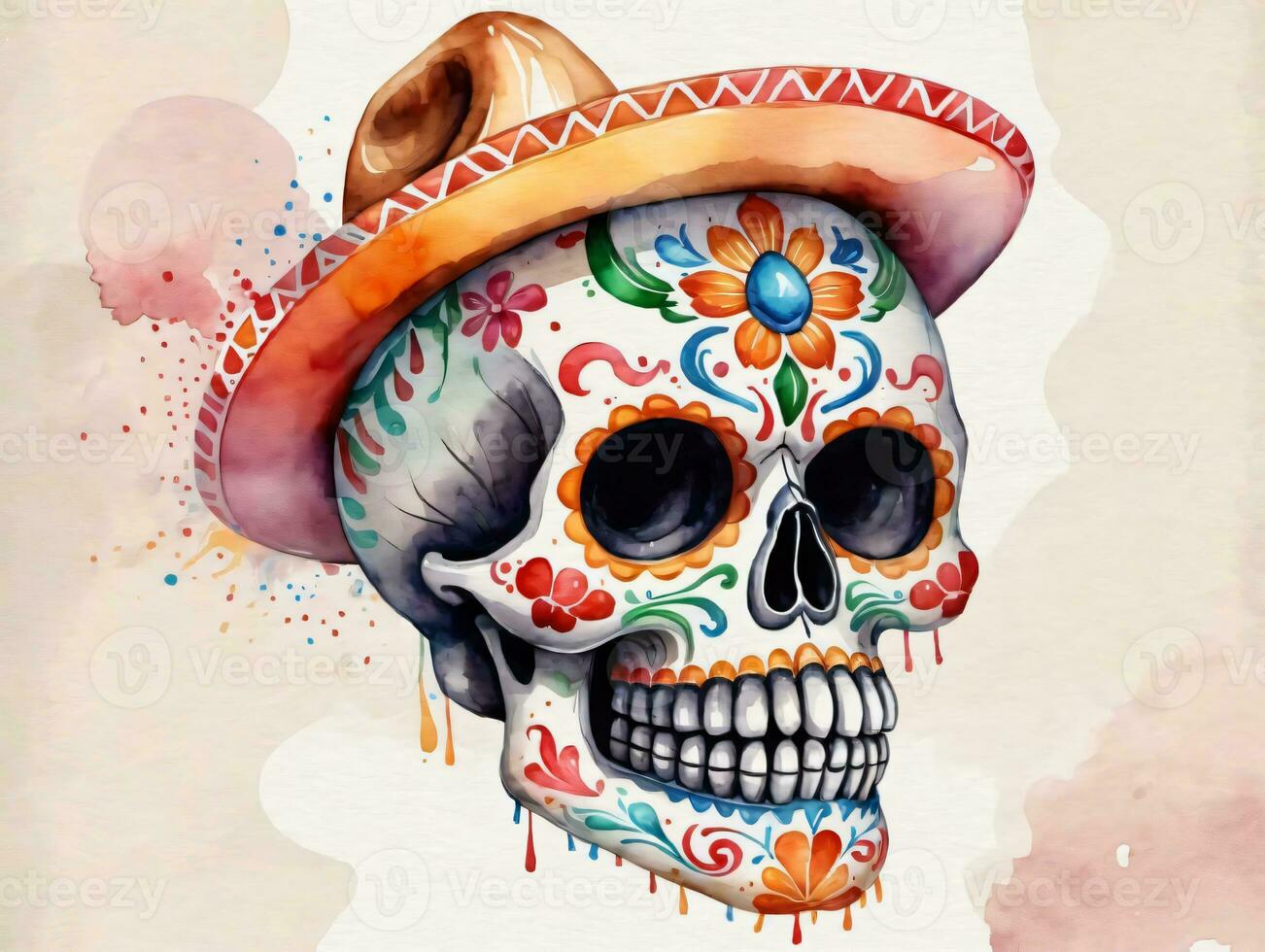 A Watercolor Skull With A Sombrel Hat. AI Generated photo