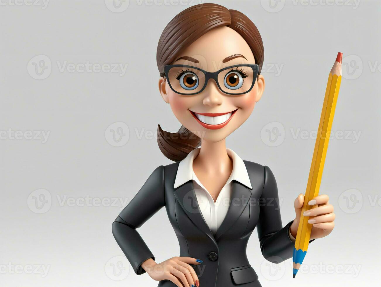 A 3D Woman Holding A Pencil And Smiling. AI Generated photo