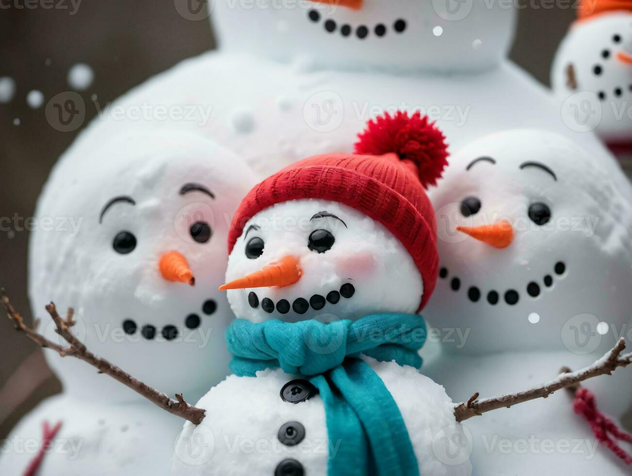 un grupo de muñecos de nieve ai generado foto
