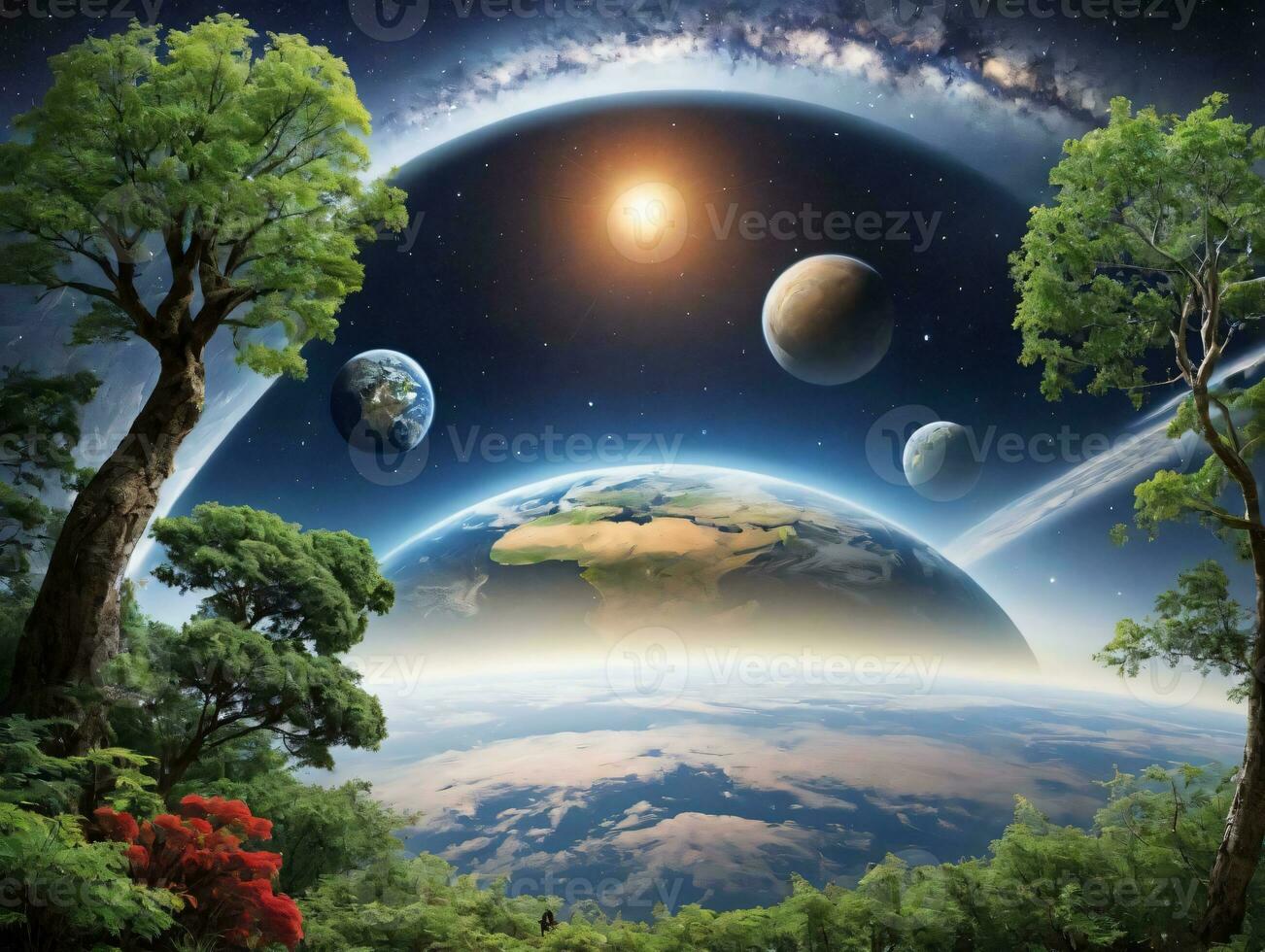 A Planet With Trees And Planets In The Background. AI Generated photo