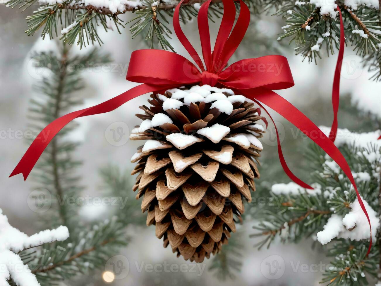 A Pine Cone With A Red Ribbon Hanging From A Christmas Tree. AI Generated photo