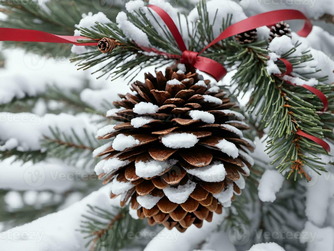 A Pine Cone With A Red Ribbon And A Red Bow On It. AI Generated photo