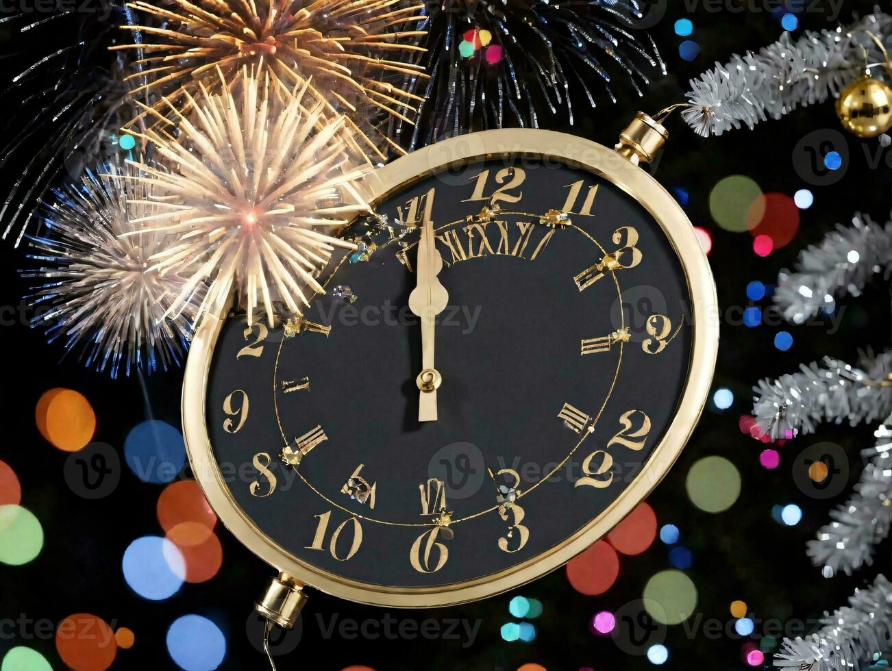 A Clock With Fireworks In The Background. AI Generated photo