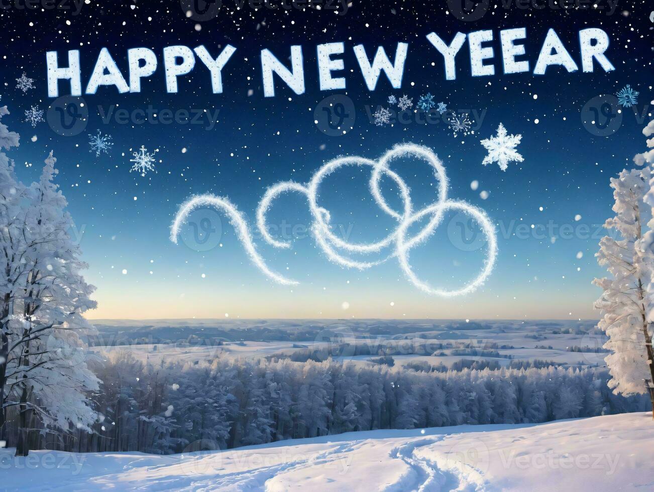 A Snowy Scene With A Happy New Year Written In The Sky. AI Generated photo