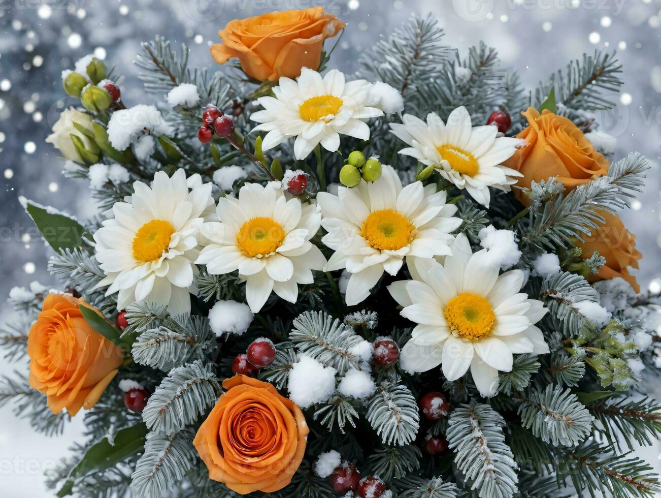 un ramo de flores de flores en un florero con nieve. ai generado foto