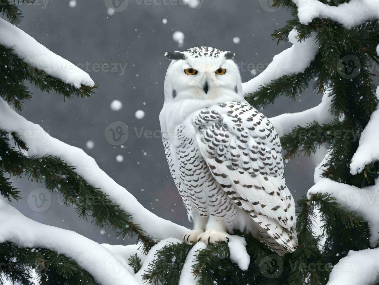 A Snowy Owl Perched On A Snowy Tree. AI Generated photo
