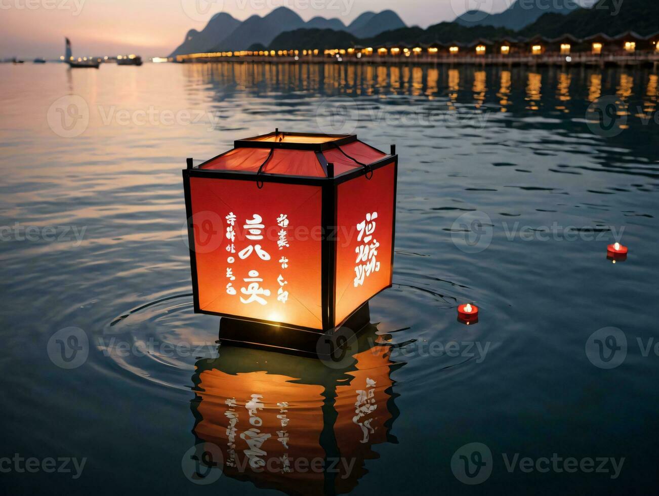 A Lantern Floating In The Water With A Red Lantern. AI Generated photo