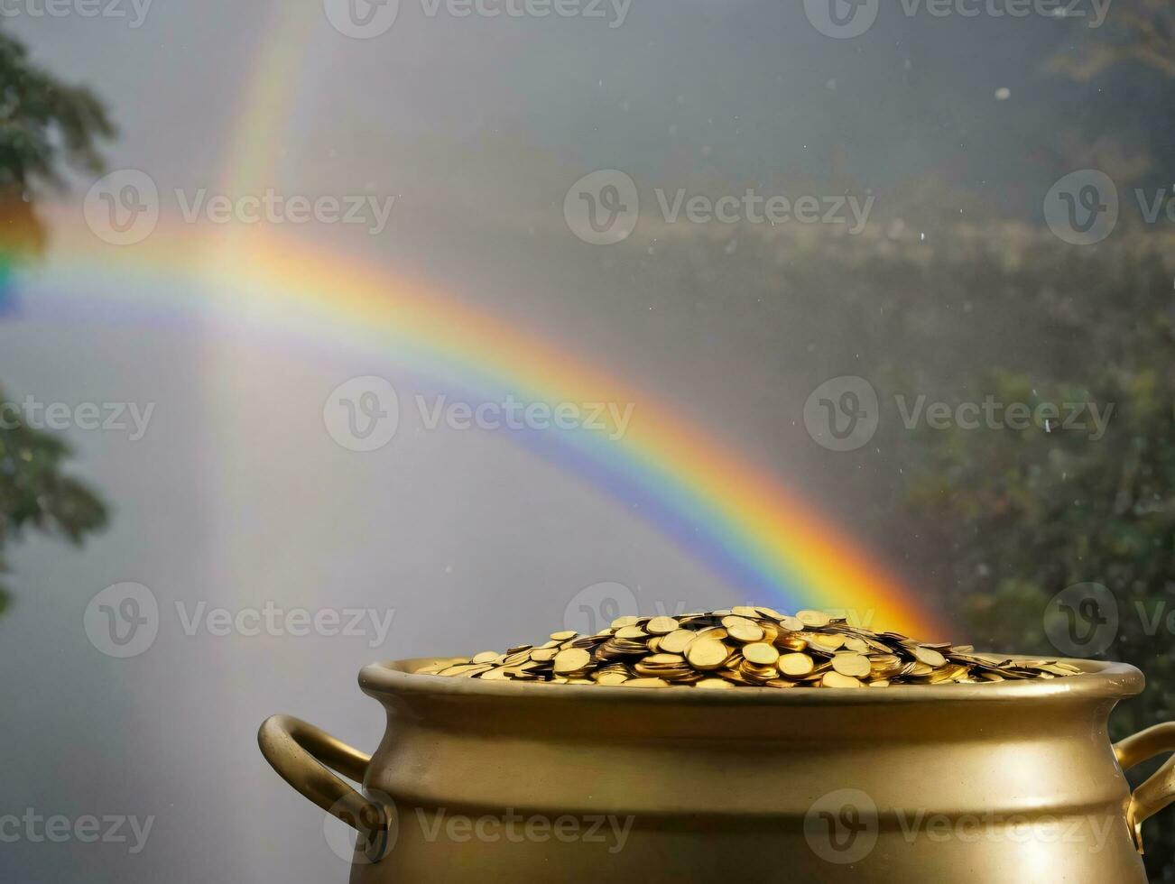 A Pot Full Of Gold Coins With A Rainbow In The Background. AI Generated photo