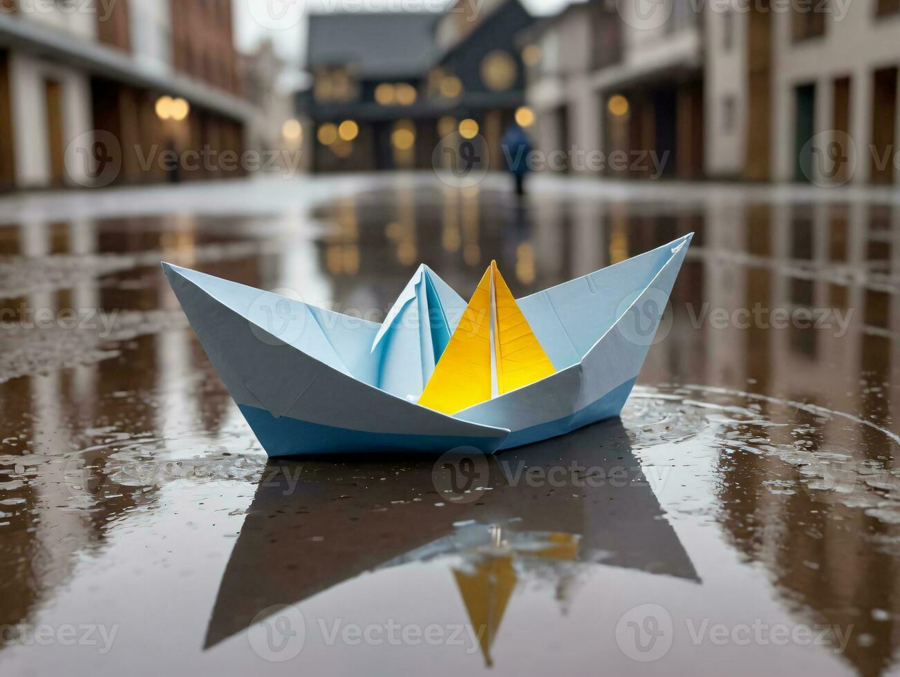 A Paper Boat Floating On A Puddle. AI Generated photo