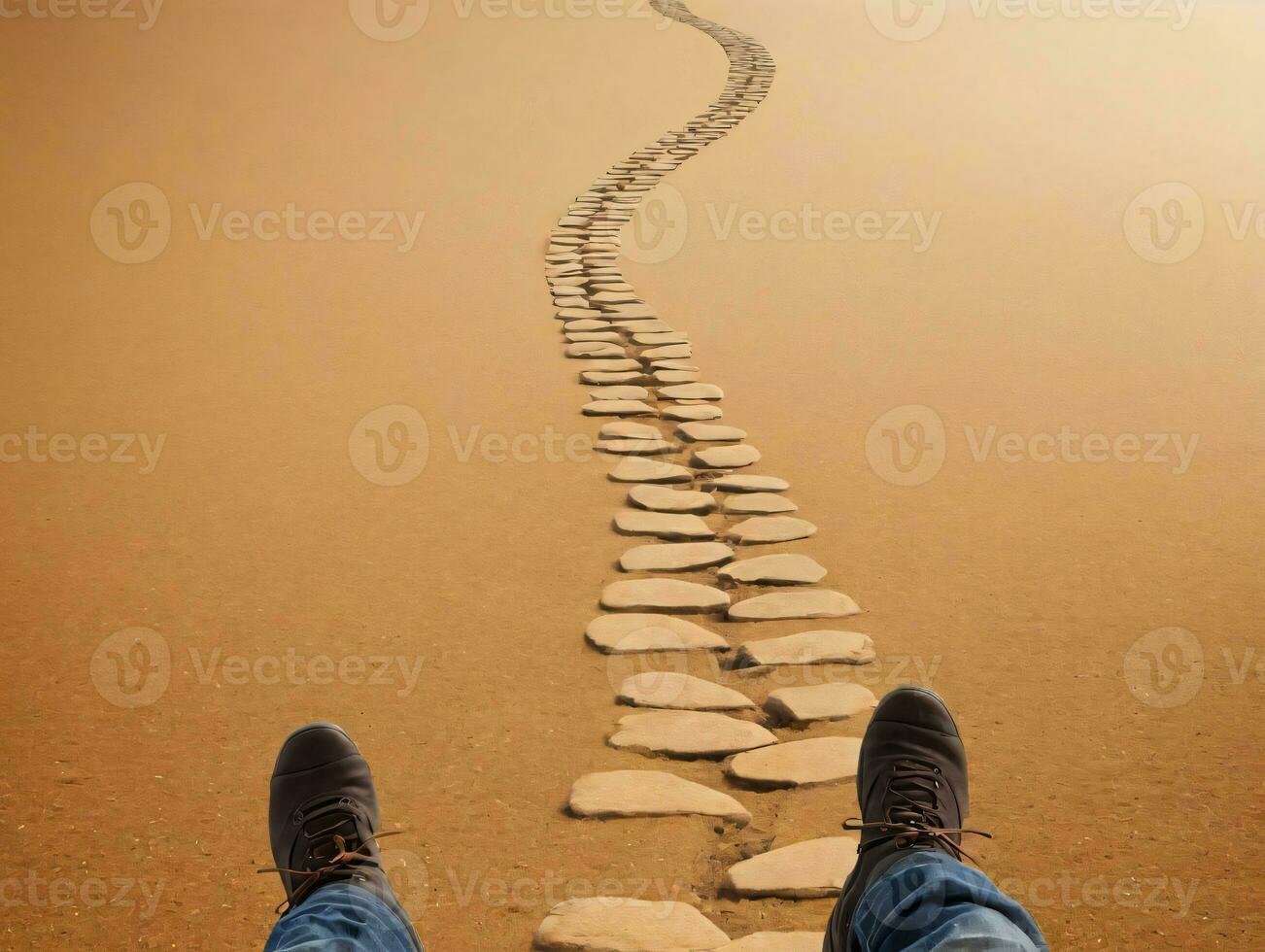 un personas pies y pies son mostrado en un camino hecho desde piedras ai generado foto