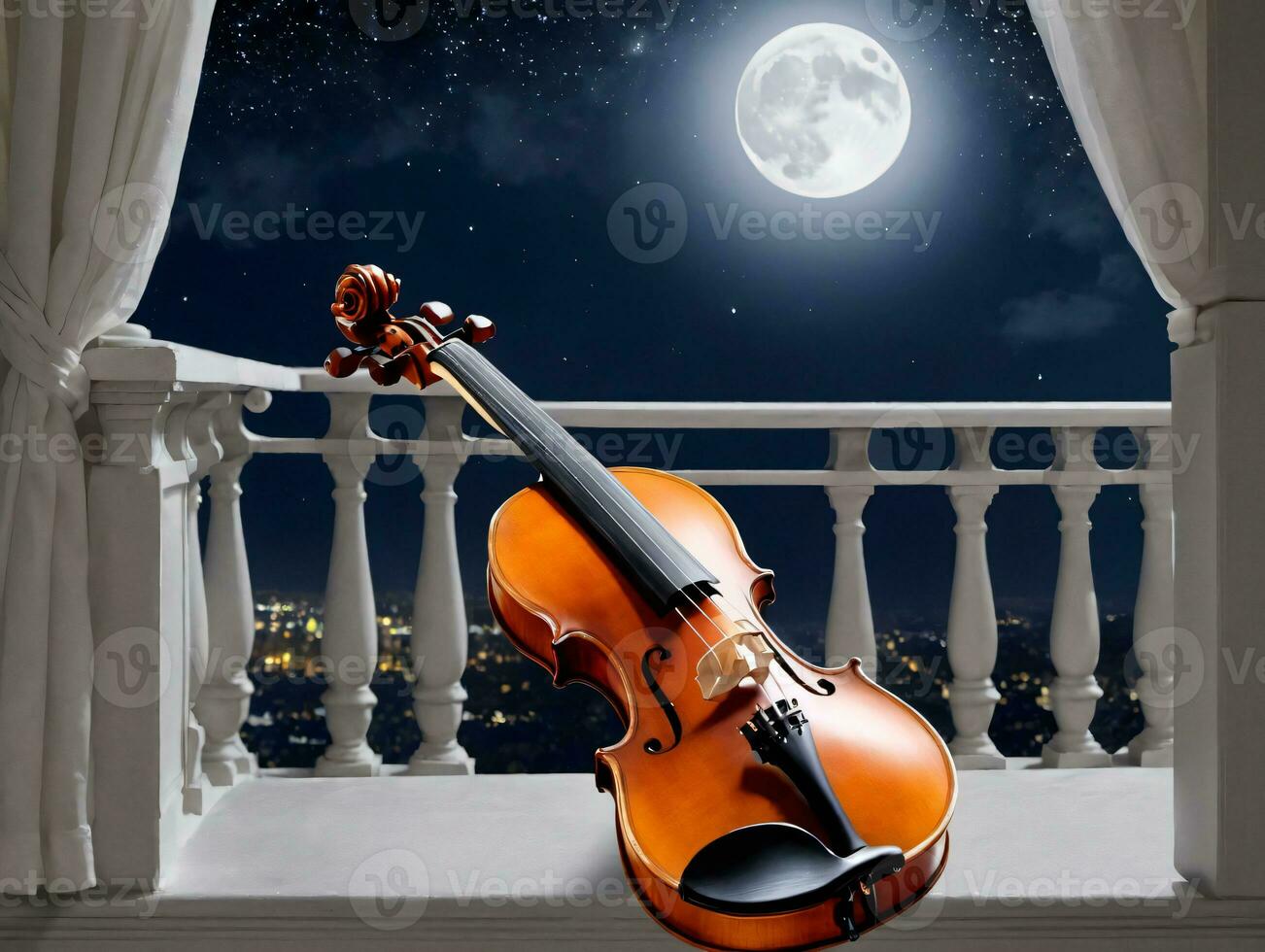 A Violin Sitting On A Balcony With The Moon In The Background. AI Generated photo