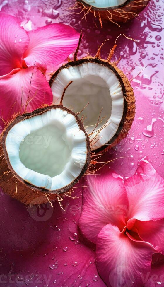 Fresh juicy coconut halves, palm leaves and flowers painted in metallic pink with water droplets. AI generated photo