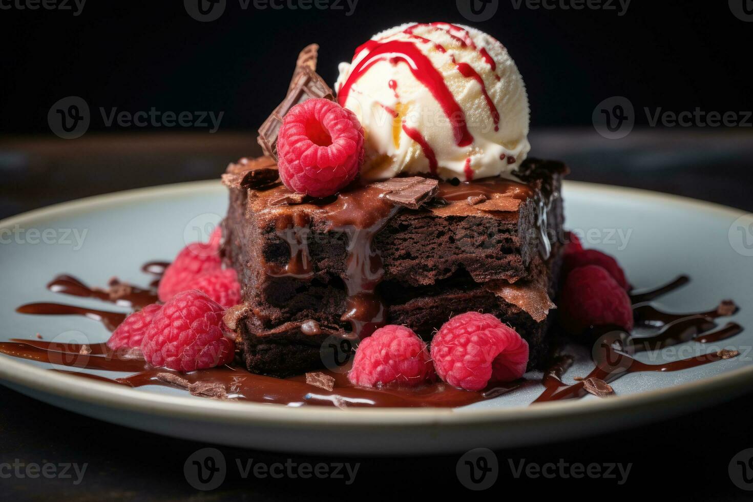 Chocolate brownie with a scoop of ice cream and raspberries. AI generated photo